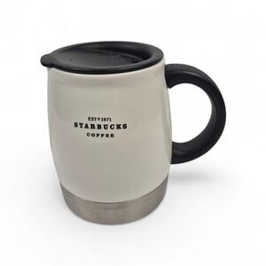 Starbucks 2007 Travel Mug 14oz Ceramic Insulated Coffe Cup White Black Lid